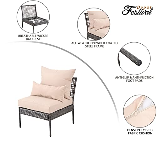 Festival Depot Patio Wicker Dining Chair, All-Weather Rattan Sectional Sofa Outdoor Furniture with Metal Frame Removable Seat & Back Cushion Pillow for Garden Pool Backyard Lawn (Beige)