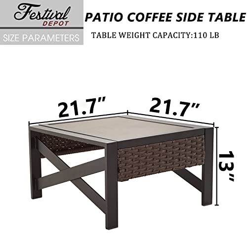 Festival Depot Metal Outdoor Side Coffee End Table Patio Bistro Living Room Dining Table Wood Grain Top Wicker Rattan Furniture with Side X Shaped Slatted Steel Legs Brown Black 