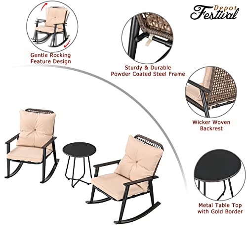 Festival Depot 7 Pieces Outdoor Fire Pit Table Set, Patio Conversation Set, Square Propane Gas Table, 4 PE Wicker Rocking Armchairs w/ Cushions and 2 Side Table Metal Furniture (Beige) 