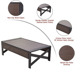 Festival Depot Patio Coffee Table Outdoor Furniture with X Shaped Metal Leg, All-Weather Wicker and Wooden Finish Grain Table Top for Backyard Poolside Deck Porch (Rectangle Brown) (B-PF20208-new1)