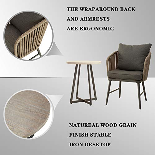 Festival Depot 3 Pcs Patio Bistro Set Outdoor Furniture with 2 Rattan Wicker Chair, Seat and Back Cushion and 1 Wood Grain Desktop Coffee Table