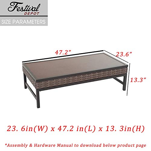 Festival Depot Patio Table Rattan Woven Wicker Coffee Table with Aluminum Tabletop and U Shaped Leg All Weather Outdoor Furniture for Backyard Porch Garden