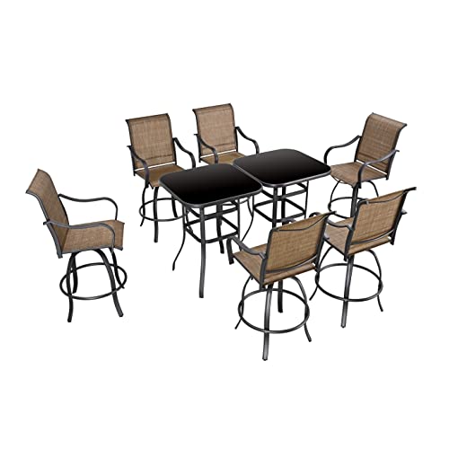 Festival Depot 8pcs Outdoor Patio Dining Furniture Sets Bar Bistro High Stools 360° Swivel Chairs with Slatted Steel Curved Armrest Coffee Table Tempered Glass Desktop (6 Chairs,2 Table) 