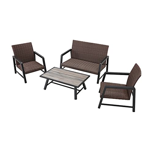 Festival Depot 4Pcs Patio Conversation Set, PE Wicker Bistro Set, All-Weather Outdoor Furniture, with 1 Loveseat 2 Armchair and 1 DPC Coffee Table for Backyard Porch Lawn Deck Garden