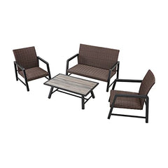 Festival Depot 4Pcs Patio Conversation Set, PE Wicker Bistro Set, All-Weather Outdoor Furniture, with 1 Loveseat 2 Armchair and 1 DPC Coffee Table for Backyard Porch Lawn Deck Garden