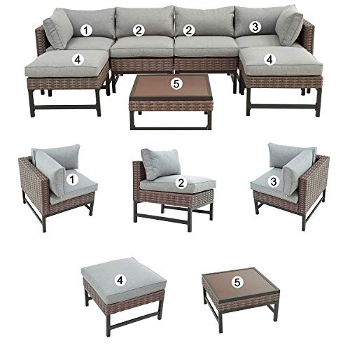 Festival Depot 7 Pieces Patio Outdoor Furniture Conversation Sets Sectional Corner Sofa with Wicker Chairs, Ottoman, Coffee Table and Seating Thick Soft Cushion(Grey) 