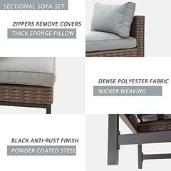 Festival Depot 7 Pieces Patio Outdoor Furniture Conversation Sets Sectional Corner Sofa, Weaving Wicker Chairs with Side Coffee Table and Cushions (Grey)