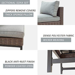 Festival Depot Patio 7 Pieces Outdoor Furniture Conversation Sets Sectional Corner Sofa, All-Weather Brown Manual Weaving Wicker Chairs with Side Coffee Table, Soft Back Seating Couch Cushions (Grey)