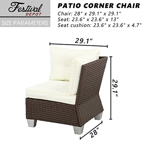 Festival Depot Patio Rattan Wicker Single Sofa Outdoor Sectional Chair with Removable Cushion Metal Frame All Weather Waterproof Furniture Seating for Garden Yard Lawn Pool (Beige)