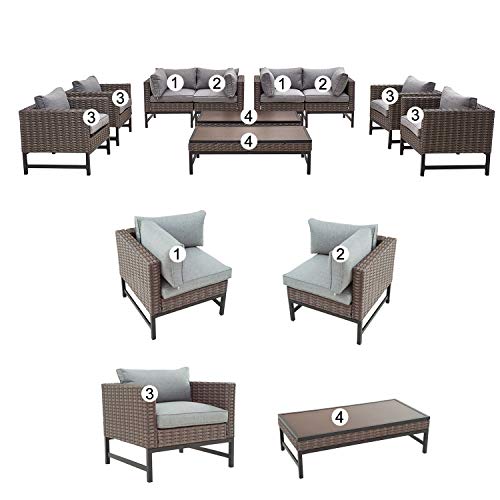 Festival Depot 10 Pieces Outdoor Furniture Patio Conversation Set Combination Sectional Sofa All-Weather Woven Wicker Metal Chairs with Seating Back Cushions Side Coffee Table, Gray
