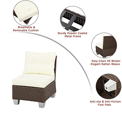 Festival Depot Patio Rattan Wicker Single Sofa Outdoor Sectional Chair with Removable Cushion Metal Frame All Weather Waterproof Furniture Seating for Garden Yard Lawn Pool (Beige)
