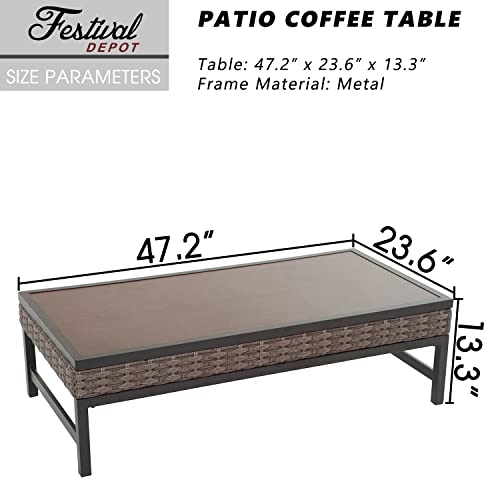Festival Depot Outdoor Coffee Table Patio Furniture with All-Weather Rattan Wicker, Metal H Shaped Legs and Wooden B-PF20204-new1 B-PF20204-new1 