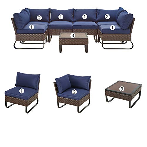 Festival Depot 7 Pieces Patio Outdoor Furniture Conversation Sets Sectional Corner Sofa with All-Weather PE Rattan Wicker Back Chair, Coffee Side Table and Soft Removable Couch Cushions (Blue) 