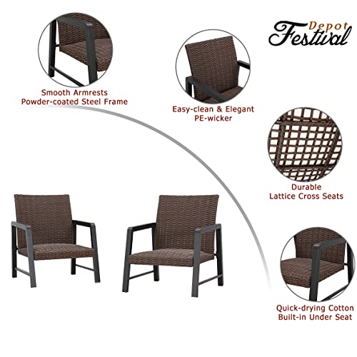Festival Depot 2Pcs Patio Armchair Set, PE Wicker Bistro Set, All-Weather Dining Chairs with Soft Cushion Quick-Drying Cotton Built-in Under Seat Outdoor Furniture for Backyard Porch Lawn Deck Garden 