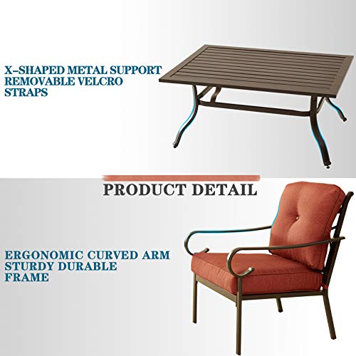 Festival Depot 4 Pieces Patio Conversation Set Loveseat Armchairs with Thick Cushions and Slatted Steel Top Coffee Table Metal Outdoor Furniture, Red 