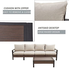 Festival Depot 5 Pieces Patio Furniture Set All-Weather Rattan Wicker Metal Frame Sofa Chair Outdoor Conversation Set Sectional Corner Couch with Cushions and Coffee Table for Deck Poolside