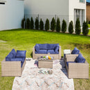 Outdoor Patio Conversation Set 7-Piece All Weather Wicker Cushioned Sofa Set with 2 Single Chairs, 2 Detachable Loveseats, 1 Grass Coffee Table, Blue, Beige