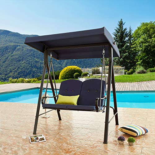 Festival Depot 2-Seats Outdoor Patio Swing Chair with Adjustable Convertible Canopy Hanging Furniture, Removable Thick Cushions, Weather Resistant Steel Frame for Balcony Poolside Deck (Blue)