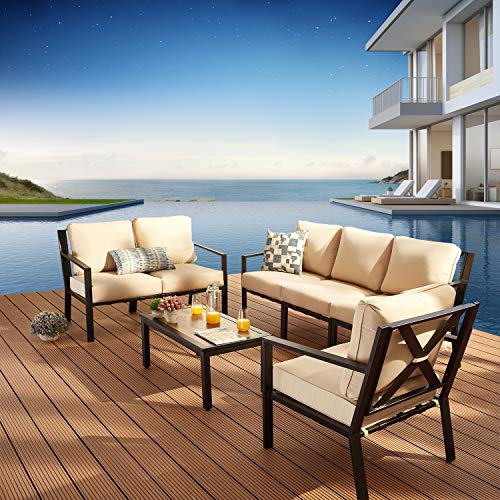 Festival Depot 7 Pieces Patio Outdoor Furniture Conversation Sets Loveseat Sectional Sofa, All-Weather Black Slatted Back Chairs with Coffee Table and Thick Soft Removable Couch Cushions (Beige)