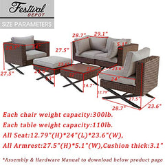 Festival Depot 6-Piece Bistro Outdoor Patio Furniture Conversation Set Wicker Rattan Corner ArmChairs Ottoman with 3.1" Cushion Square Wood Grain Top Side Coffee Table with X Shaped Slatted Steel Legs