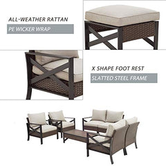 Festival Depot 7 Pcs Patio Outdoor Furniture Loveseat Conversation Set Sectional Sofa with All-Weather Brown Wicker Back Armchair, Coffee Table, Ottoman and Soft Thick Removable Couch Cushions