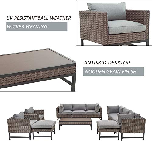 Festival Depot 11 Pieces Outdoor Furniture Patio Conversation Set Combination Sectional Sofa Loveseat All-Weather Wicker Metal Chairs with Seating Back Cushions Side Coffee Table,Gray 