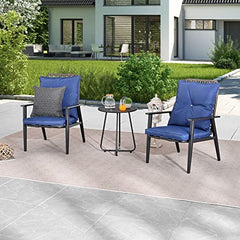 Festival Depot 3 Pcs Patio Bistro Set PE Wicker Conversation Set, Outdoor Furniture Armchairs with Cushions Metal Side Coffee Table for Backyard Porch Balcony Outside Poolside Lawn (Blue)