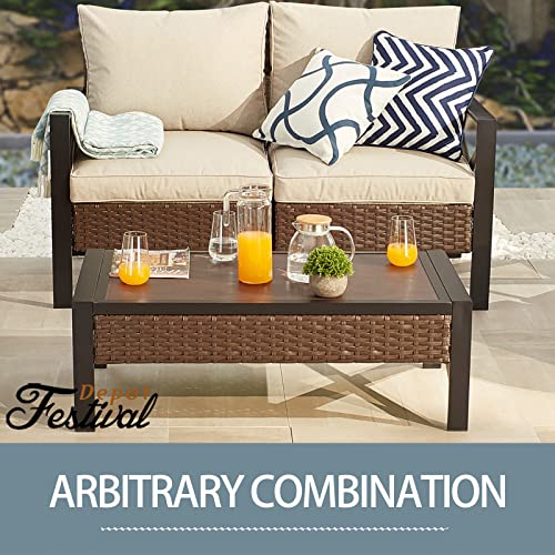 Festival Depot Patio Coffee Table Outdoor Furniture with X Shaped Metal Leg, All-Weather Wicker and Wooden Finish Grain Table Top for Backyard Poolside Deck Porch (Rectangle Brown) (B-PF20208-new1) 