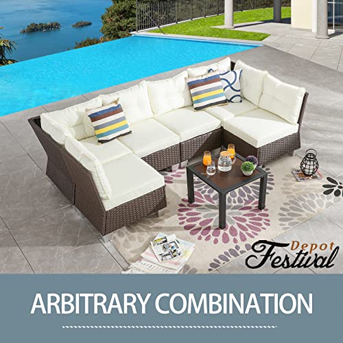 Festival Depot 7 Pcs Patio Conversation Set Outdoor Furniture Combination Sectional Sofa All-Weather PE Wicker Metal Armchairs with Seating Back Cushions Side Coffee Table (Beige) 