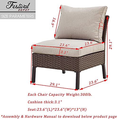 Festival Depot 1 Pieces Outdoor Patio Non-Armrest Chair Armless Sofa with Couch Cushions and Metal Frame Wicker Rattan Furniture for Garden Backyard Poolside Deck