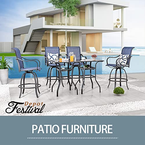 Festival Depot 3 Pcs Patio Bistro Bar Set High Stools Outdoor Furniture with 360° Swivel Armrest Chairs, Coffee Table with Tempered Glass Desktop, Metal Frame for Deck Poolside Garden Porch