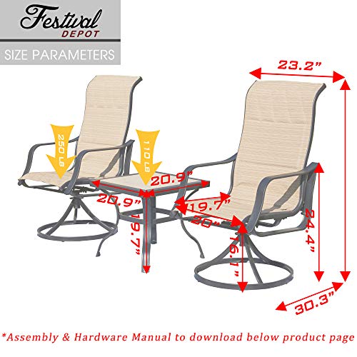 Festival Depot 3 PC Bistro Outdoor Patio Dining 360¡Swivel Chairs Set Furniture Rockers Armrest Chair Square Metal Steel Frame Coffee Table for Deck Garden Pool