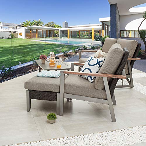 Festival Depot 4pcs Patio Conversation Set Wicker Armchair All Weather Rattan Glider Loveseat Ottoman with Grey Thick Cushions Coffee Table in Metal Frame Outdoor Furniture for Deck Poolside