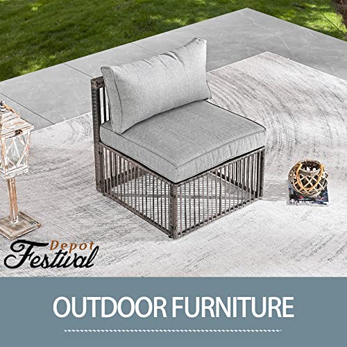 Festival Depot Wicker Patio Single Sofa, Outdoor Armless Chair, All-Weather Brown PE Rattan Couch Chair Waterproof Sectional Furniture for Balcony Garden Pool Lawn Backyard (Grey Thick Cushion) 