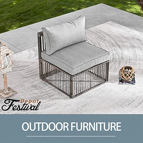 Festival Depot Wicker Patio Single Sofa, Outdoor Armless Chair, All-Weather Brown PE Rattan Couch Chair Waterproof Sectional Furniture for Balcony Garden Pool Lawn Backyard (Grey Thick Cushion)