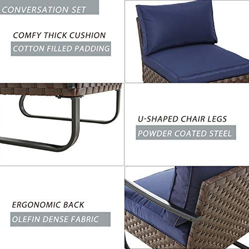 Festival Depot 7 Pieces Patio Conversation Sets Outdoor Furniture Loveseat Sectional Sofa with All-Weather PE Rattan Wicker Back Armchair, Coffee Table and Soft Removable Couch Cushions (Blue)