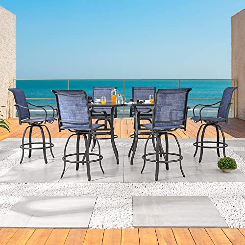 Festival Depot 8pcs Outdoor Patio Dining Furniture Sets Bar Bistro High Stools 360° Swivel Chairs with Slatted Steel Curved Armrest Coffee Table Tempered Glass Desktop (6 Chairs,2 Table) 