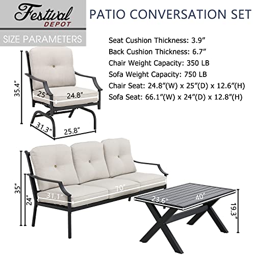Festival Depot 4 Pieces Patio Conversation Set Outdoor Furniture Set (3-Seats Loveseat, 2 Armchairs and 1 Coffee Table) with Metal Frame and Cushions for Garden Poolside Backyard Deck