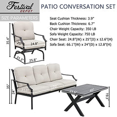 Festival Depot 4 Pieces Patio Conversation Set Outdoor Furniture Set (3-Seats Loveseat, 2 Armchairs and 1 Coffee Table) with Metal Frame and Cushions for Garden Poolside Backyard Deck