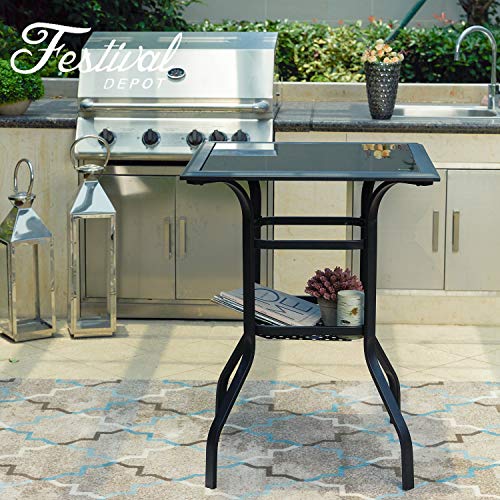 Festival Depot 3ft Bar Height Patio Bistro Table Tempered Glass Top Metal Table w/Storage Support Shelf Steel Outdoor Furniture (27.6"x 27.6"x 36.2"H) 