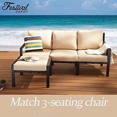 Festival Depot Outdoor Ottoman Patio Footstool with Cushion Small Seat Metal Furniture for Garden Yard Deck, Beige
