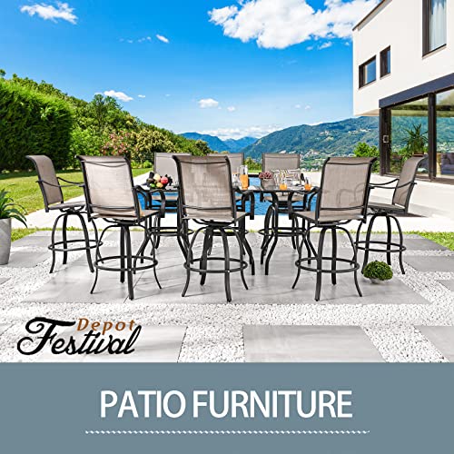 Festival Depot 3 Pcs Patio Bistro Bar Set High Stools Outdoor Furniture with 360° Swivel Armrest Chairs, Coffee Table with Tempered Glass Desktop, Metal Frame for Deck Poolside Garden Porch