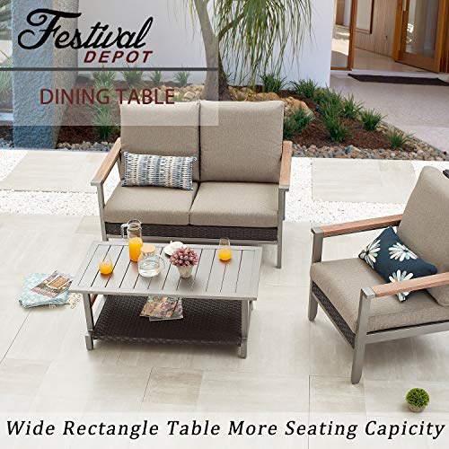 Festival Depot Outdoor Coffee Table Patio Rectangle Metal Dining Table with Wicker Shelf and Steel Legs Grey (42.1"x22"x17.7"H)