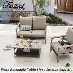 Festival Depot Outdoor Coffee Table Patio Rectangle Metal Dining Table with Wicker Shelf and Steel Legs Grey (42.1"x22"x17.7"H)