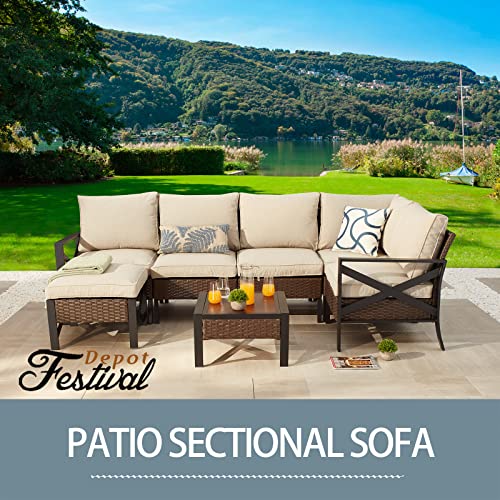 Festival Depot Patio Armless Sofa Sectional Furniture Loveseat Outdoor Dining Chair with Cushions Pillow and Metal Frame Wicker for Garden Backyard Pool Farmhouse (Beige) (B-PF20722-new1)