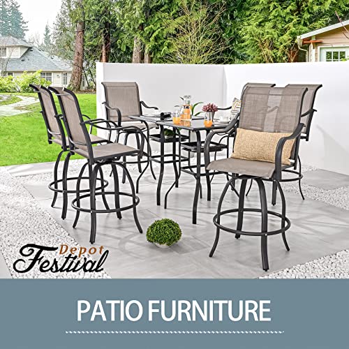 Festival Depot 3 Pcs Patio Bistro Bar Set High Stools Outdoor Furniture with 360° Swivel Armrest Chairs, Coffee Table with Tempered Glass Desktop, Metal Frame for Deck Poolside Garden Porch