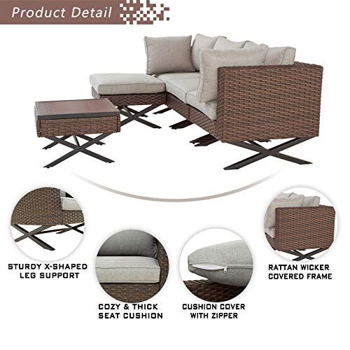 Festival Depot 5pcs Outdoor Furniture Patio Conversation Set Sectional Sofa Chairs with X Shaped Metal Leg All Weather Brown Rattan Wicker Ottoman Side Coffee Table with Grey Thick Seat Back Cushions 