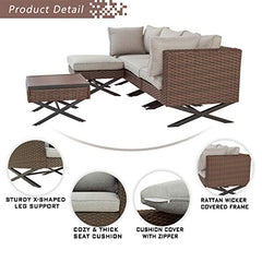Festival Depot 5pcs Outdoor Furniture Patio Conversation Set Sectional Sofa Chairs with X Shaped Metal Leg All Weather Brown Rattan Wicker Ottoman Side Coffee Table with Grey Thick Seat Back Cushions