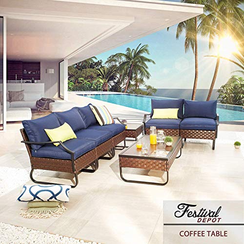 Festival Depot Patio Table Rattan Woven Wicker Coffee Table with Aluminum Tabletop and U Shaped Leg All Weather Outdoor Furniture for Backyard Porch Garden