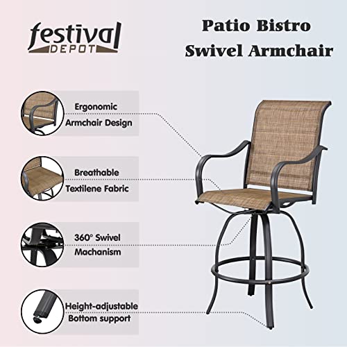 Festival Depot 9-Piece Bar Bistro Patio Outdoor Dining Furniture Sets High Stools 360¡ Swivel Chair with Slatted Steel Curved Armrest Square Side Coffee Side Table Tempered Glass Desktop